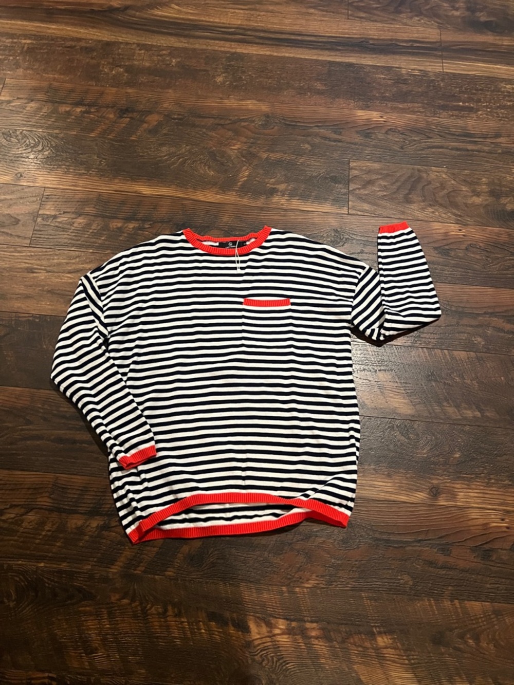 Women's small Striped Long-Sleeve Top with Red Trim